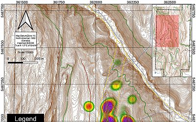 Gold in soil geochemistry. Contours greater than 110 ppb Au.