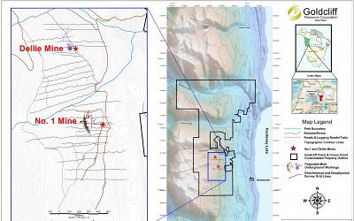 Location showing the area of exploration concentration. Included are projections of old mine workings and the detailed sampling and survey grid lines for 2024 and 2025.
